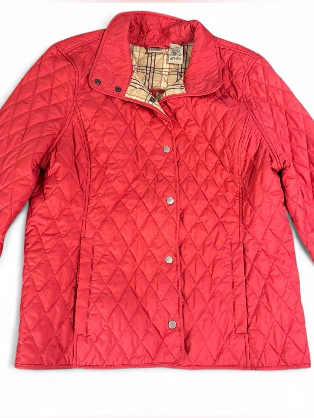 L.L. Bean Quilted Riding Barn Jacket Plaid Lined Coral Pink Red XL PETITE